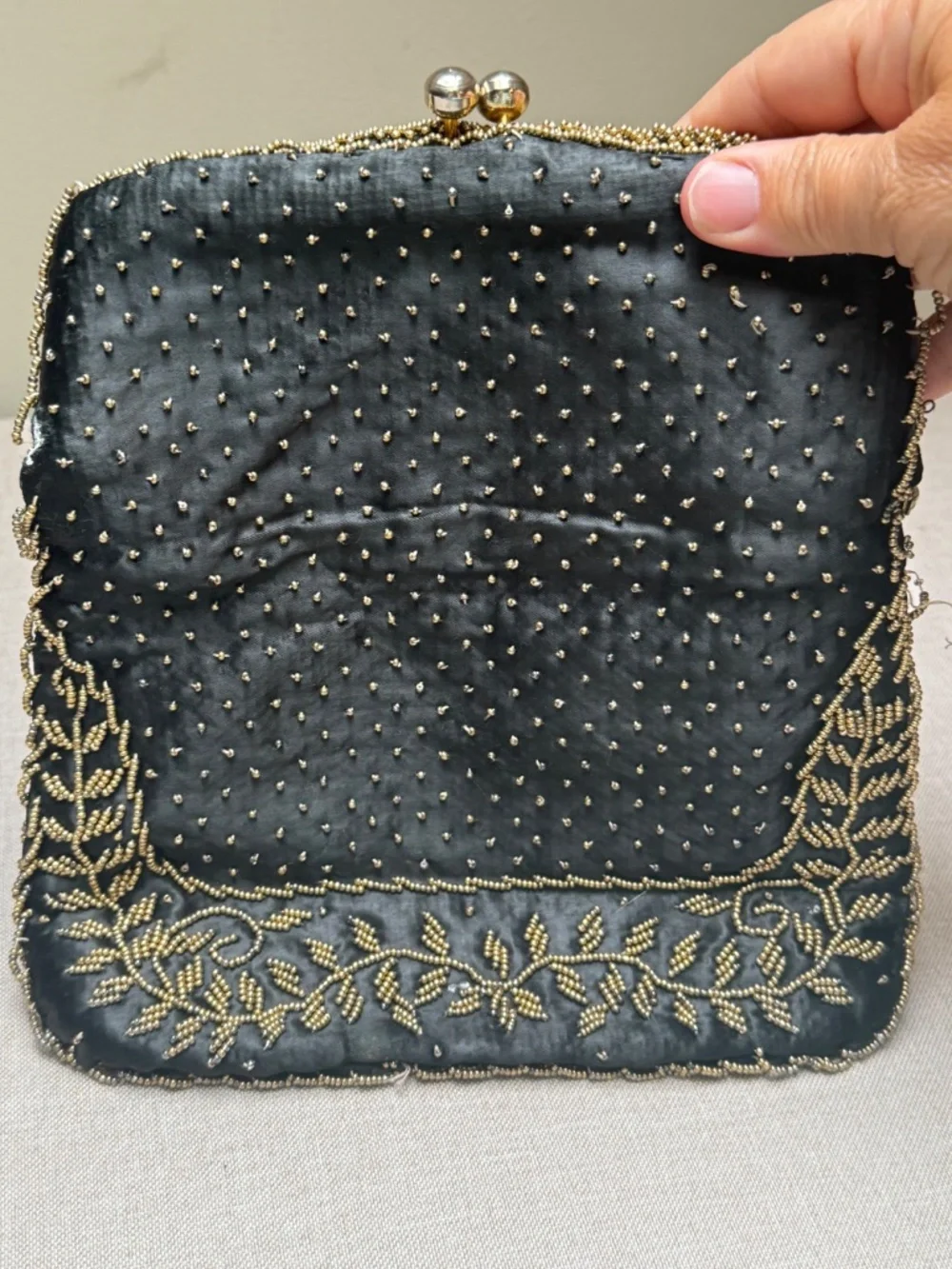 Vintage Hong Kong Victorian Style Black and Gold Beaded Clutch Formal Evening